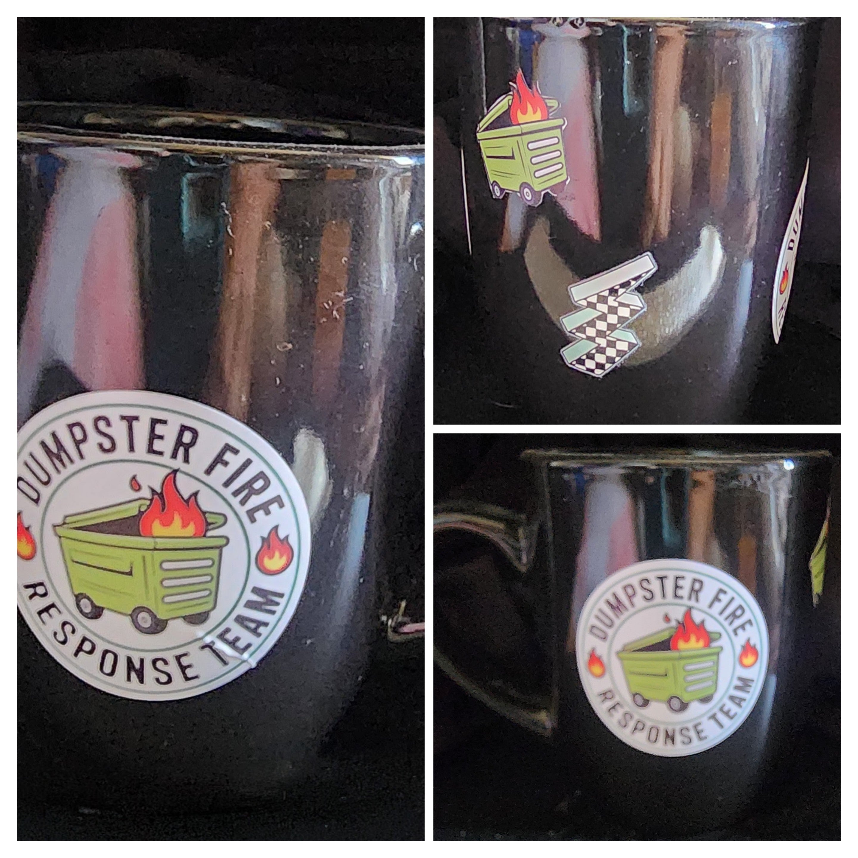 Coffee Cup with Dumpster Fire Stickers