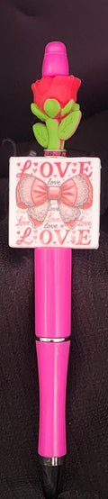 Hot pink pen with white square focal with love and a bow